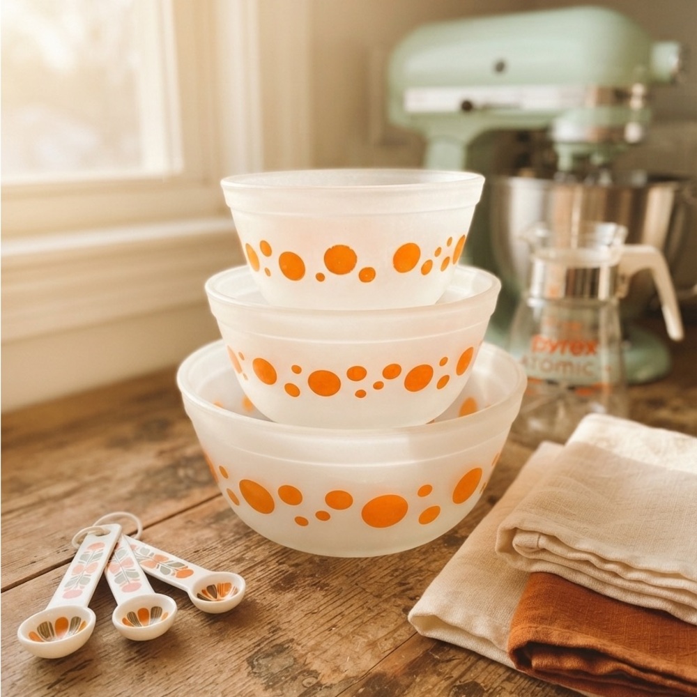 Vintage Anchor Hocking Orange Polka Dot Frosted Bowls Trio